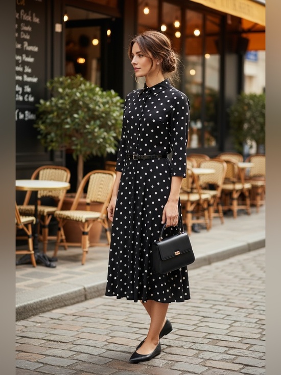 Evan Picone Dresses & Skirts - Evan-Picone Black White Polka Dot Midi Dress Belt 3/4 Sleeve Size 8